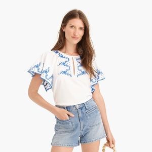 J. Crew Flutter-Sleeve Blue Embroidered Top